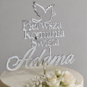Topper na tort z okazji Pierwszej Komunii Świętej 15×17 cm srebrna plexa lustrzana